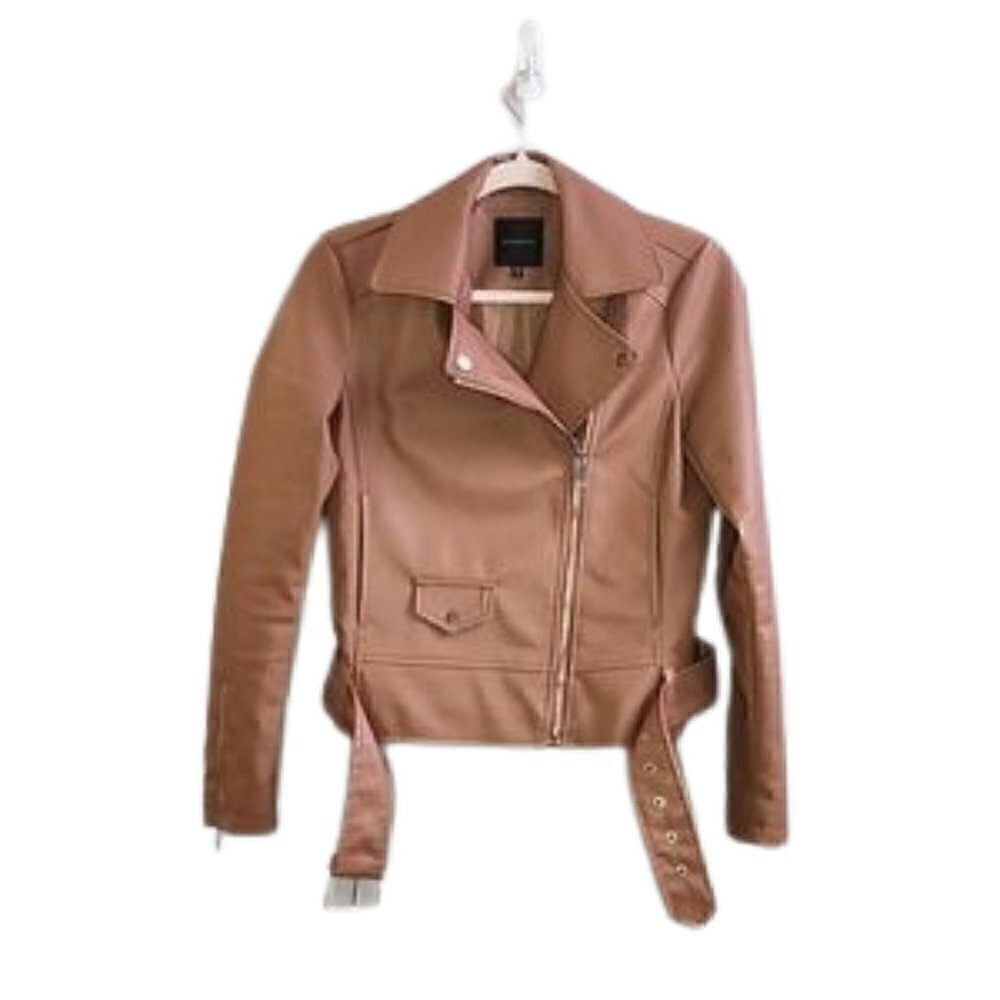 DYNAMITE Tan/pink faux leather moto biker jacket